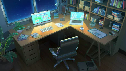 Anime-themed room at night featuring a computer setup with dual monitors, bookshelves, and cozy lighting, presented as an HD PC desktop wallpaper and background.