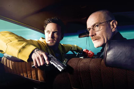 HD desktop wallpaper featuring Jesse Pinkman and Walter White, portrayed by Aaron Paul and Bryan Cranston, from the TV show Breaking Bad. Jesse holds a gun, both characters appear tense.