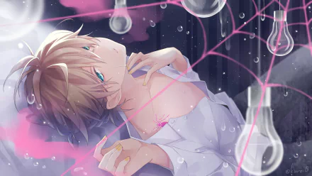 HD anime wallpaper of Vocaloid character Len Kagamine with aqua eyes, surrounded by glowing lightbulbs and pink threads in a dreamy, dark background.