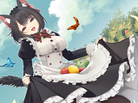 Anime-style original artwork of a black-haired maid with animal ears and heterochromia, holding her skirt with butterflies and fruit in the background, HD desktop wallpaper.