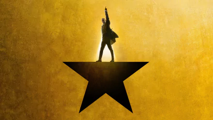 4K Ultra HD wallpaper of a silhouette inspired by Lin-Manuel Miranda's Hamilton, featuring a figure standing on a large black star against a textured golden background.