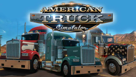 HD desktop wallpaper featuring American Truck Simulator with detailed trucks in the foreground and scenic backdrop.