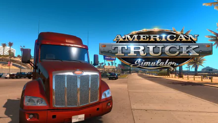 HD desktop wallpaper of American Truck Simulator featuring a red truck on a sunny highway with the game's logo in the background.