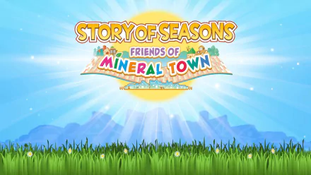 HD desktop wallpaper of Story of Seasons: Friends of Mineral Town with the game's logo over a vibrant grassy landscape and a clear blue sky.