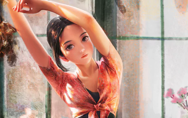 Artistic 4K Ultra HD desktop wallpaper of a black-haired woman in a sunlit room, wearing a tied floral blouse and posing by a window.