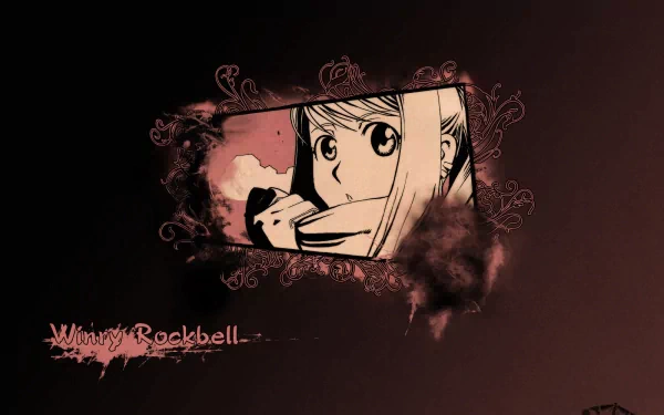 Winry Rockbell (Fullmetal Alchemist) anime HD PC desktop wallpaper: sepia grunge background with a framed close-up of Winry eating, decorative splatter and stylized name.