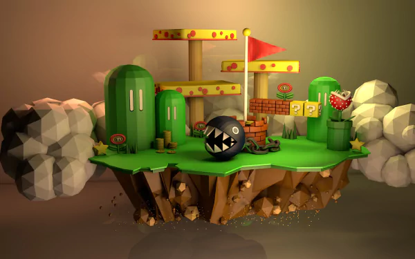 HD desktop wallpaper featuring a low poly video game scene from Mario, showcasing iconic elements like the Chain Chomp, brick blocks, and Piranha Plant on a floating island backdrop.