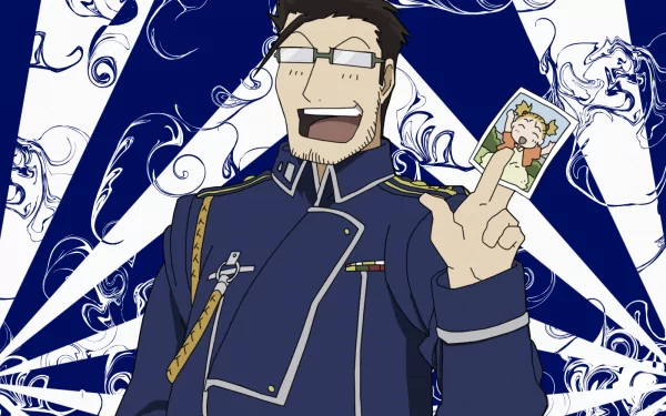 HD PC desktop wallpaper featuring Maes Hughes from the anime Fullmetal Alchemist, showcasing him smiling and holding a photo with a dynamic blue and white background.
