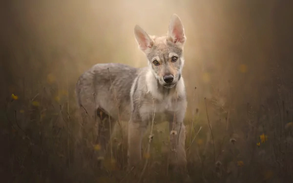 HD PC desktop wallpaper and background: a Czechoslovakian wolfdog puppy (baby animal dog) standing in a soft-focus field, glowing in warm golden light.
