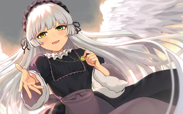 HD PC desktop wallpaper of Victorique de Blois (Gosick): angelic anime girl with long silver hair, green eyes, black frilled dress and outstretched hand against a cloudy sky backdrop.