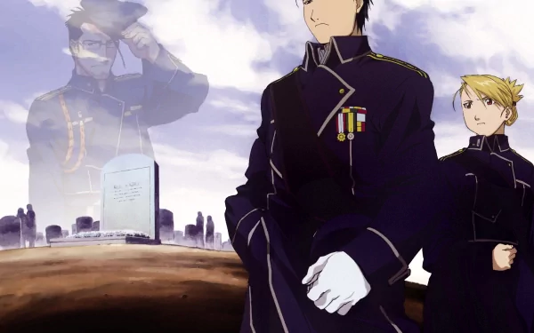 Riza Hawkeye, Maes Hughes, and Roy Mustang from Fullmetal Alchemist stand resolutely against a dramatic background, capturing the essence of their camaraderie and dedication.