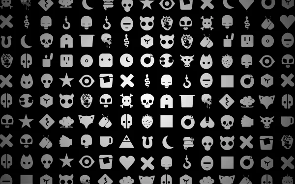 8K Ultra HD Love, Death & Robots TV show PC desktop wallpaper: repeating grayscale grid of stylized icons—skulls, hearts, stars, masks and geometric shapes on a black background.