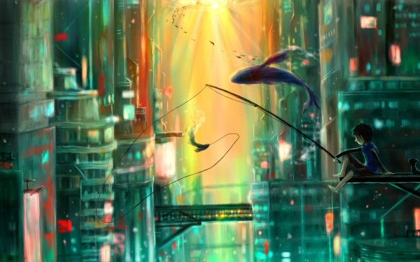 Sci Fi City Fishing Futuristic Whale HD Wallpaper | Background Image
