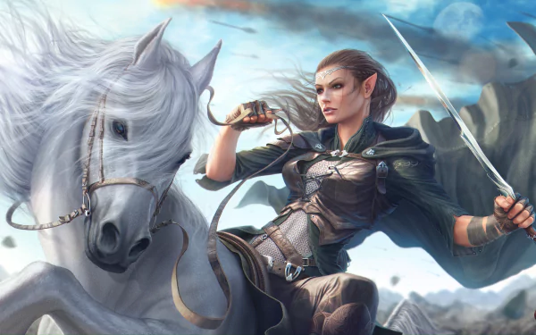 A fierce elf warrior with a sword rides a majestic white horse through a fantasy landscape, captured in a detailed 4K Ultra HD desktop wallpaper.