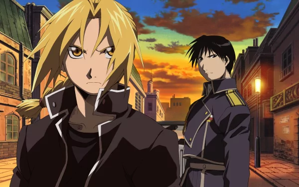 Roy Mustang and Edward Elric stand in an urban setting at sunset, capturing the essence of the anime Fullmetal Alchemist. A vibrant HD desktop wallpaper showcasing their iconic characters.