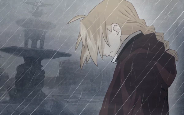 Edward Elric from Fullmetal Alchemist stands in the rain, deep in thought, against a backdrop of a fountain, creating a striking HD anime wallpaper.