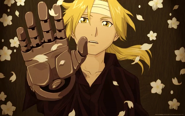 Edward Elric from Fullmetal Alchemist reaches out, showcasing his mechanical arm, set against a backdrop of falling petals in this HD anime wallpaper.