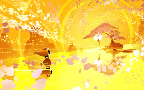 HD wallpaper from Kung Fu Panda 3 featuring a vibrant scene with characters practicing martial arts in a golden, floral setting.