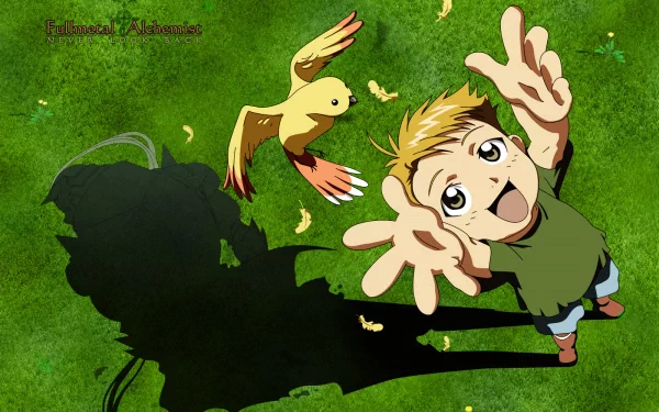 A vibrant HD desktop wallpaper featuring Alphonse Elric from the anime Fullmetal Alchemist, depicting a joyful child reaching for a playful bird against a lush green background.