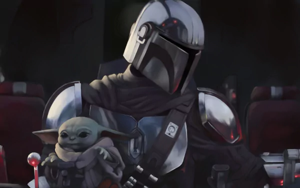 Grogu and The Mandalorian from the Star Wars TV show, featured in a detailed 4K Ultra HD desktop wallpaper showcasing the iconic characters together.