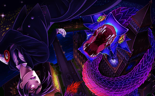 HD anime desktop wallpaper featuring Sebastian Michaelis from Black Butler with a vibrant, dynamic scene including a glowing, fierce purple serpent.