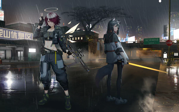 4K Ultra HD Arknights wallpaper featuring Texas and Exusiai standing in a rainy, neon-lit urban environment from the video game Arknights.