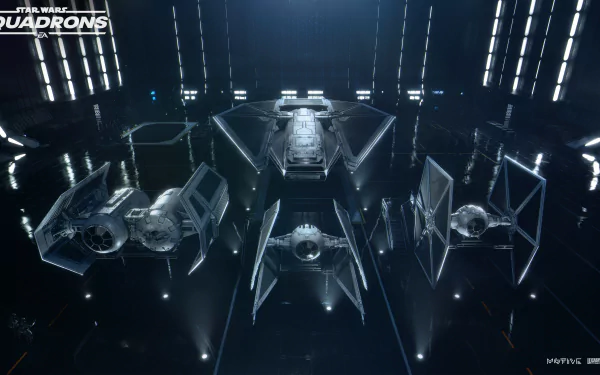 4K Ultra HD PC desktop wallpaper featuring TIE Fighters from the Star Wars: Squadrons video game, showcasing iconic starfighters in a dark, illuminated hangar.
