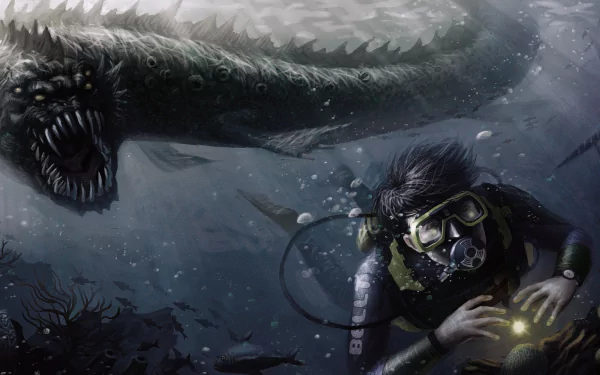 scuba diver diving underwater monster fantasy sea monster HD Desktop Wallpaper | Background Image