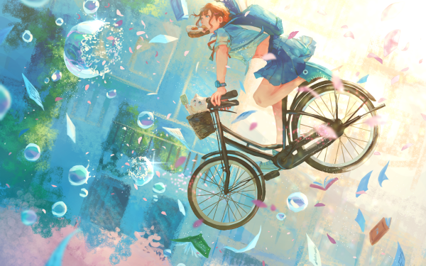 Anime Girl Bicycle Cat Uniform Bubble HD Wallpaper | Background Image