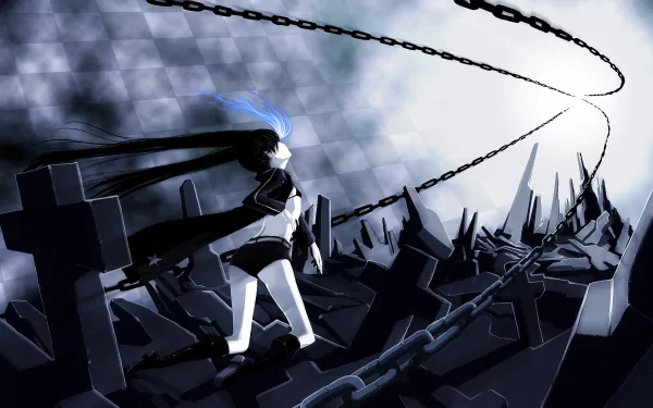 Dark and striking HD wallpaper featuring Black Rock Shooter, standing amidst a desolate landscape with chains and silhouettes of gravestones, highlighting a powerful atmosphere.