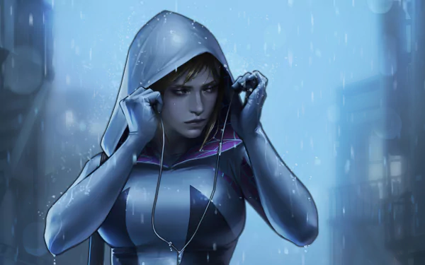 Spider-Gwen, aka Gwen Stacy, in a hooded outfit stands in the rain, depicted in a detailed 4K Ultra HD DC Comics style wallpaper.
