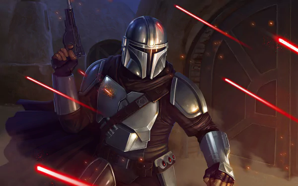 HD wallpaper featuring The Mandalorian from the Star Wars TV show The Mandalorian, depicted in armor amidst a blaster firefight, against a dramatic background with rich details.