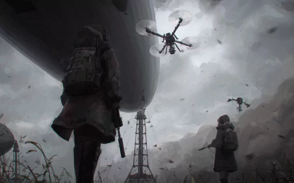 HD anime-style military scene featuring armed soldiers and surveillance drones under a dark, stormy sky, designed as a PC desktop wallpaper and background.