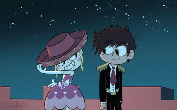 HD desktop wallpaper featuring Marco Diaz and Star Butterfly from the TV show Star vs. the Forces of Evil, standing together under a starry night sky.