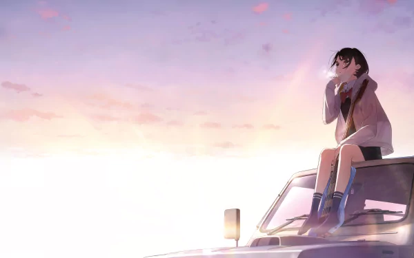 mask guitar school uniform pink eyes car Anime Her Blue Sky anime car HD Desktop Wallpaper | Background Image