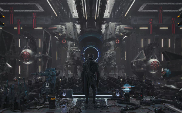 HD PC desktop wallpaper featuring Star Wars sci-fi scene with AT-ST, AT-AT Walker, TIE Interceptor, and TIE Fighter inside a dark, futuristic hangar.