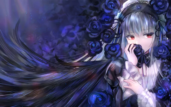 Suigintou (Rozen Maiden) night black rose dress flower red eyes long hair Anime Rozen Maiden anime night HD Desktop Wallpaper | Background Image