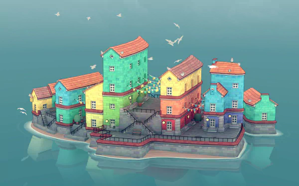 HD desktop wallpaper from Townscaper featuring colorful, whimsical buildings on a serene water backdrop with flying birds.