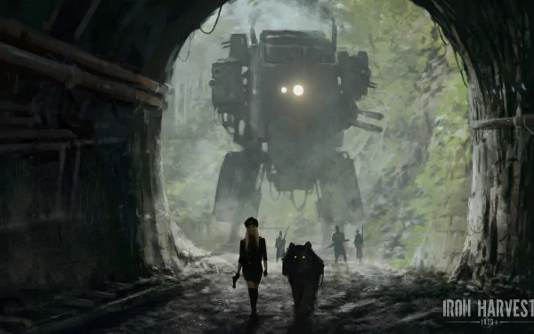 HD desktop wallpaper from Iron Harvest featuring a giant mech emerging from a tunnel with two characters approaching.