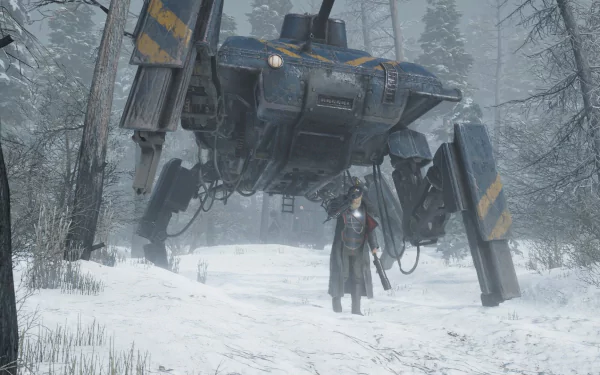 HD desktop wallpaper from Iron Harvest featuring a soldier with a mechanical walker in a snowy forest.