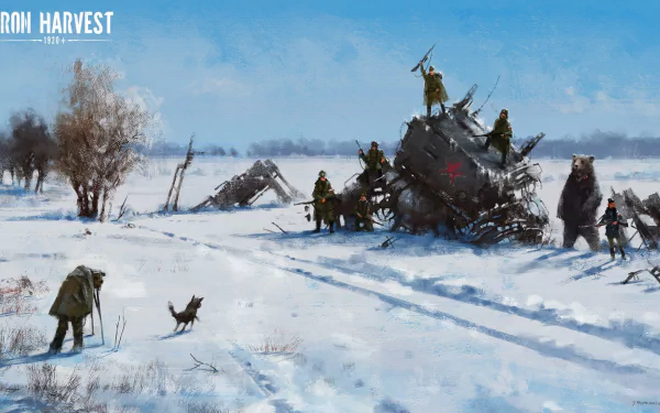 HD desktop wallpaper from Iron Harvest featuring soldiers and a mech in a snowy landscape.