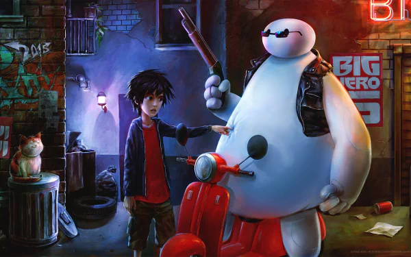 HD desktop wallpaper featuring Baymax and Hiro Hamada from the movie Big Hero 6 standing in a neon-lit urban alley with a red scooter.