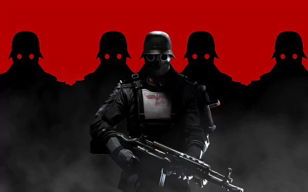 4K Ultra HD PC desktop wallpaper featuring a soldier in gas mask and armor with red-eyed figures in the background from the video game Wolfenstein: The New Order.