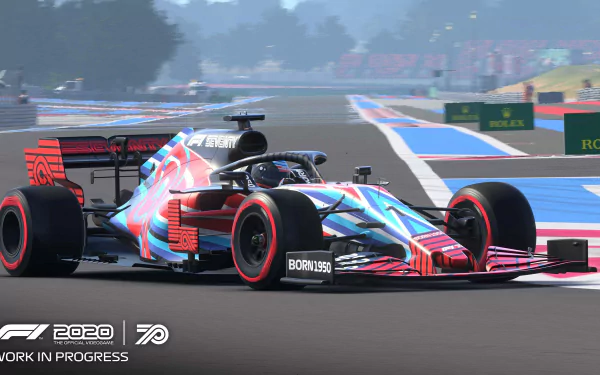 HD desktop wallpaper of an F1 2020 racing car on track, vibrant with graphics and branding.