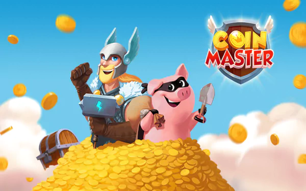 HD desktop wallpaper of Coin Master with characters sitting on a mountain of coins under a blue sky.