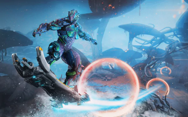 HD desktop wallpaper featuring a character from the video game Warframe, standing on a futuristic hoverboard amidst a glowing, alien landscape with large structures and vibrant energy rings.