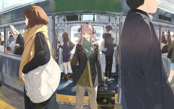 HD anime desktop wallpaper depicting people boarding and standing inside a train with a focus on a girl with pink hair and a suitcase in the center.