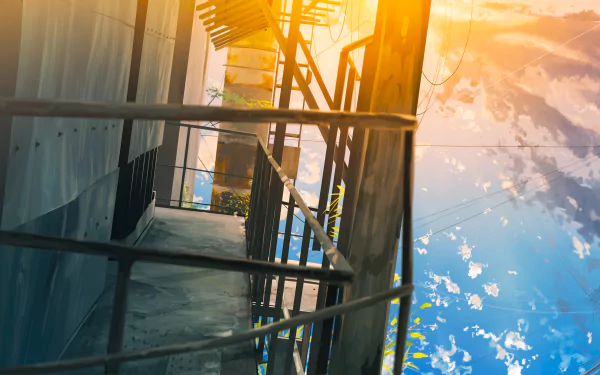 Anime-style 4K Ultra HD desktop wallpaper depicting a sunlit building balcony with intricate railings and a vibrant sky in the background.