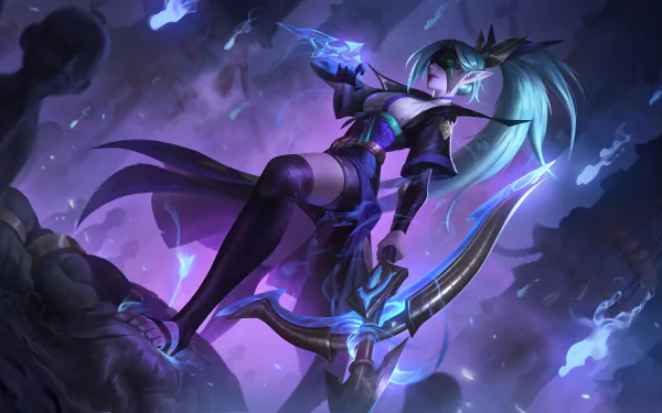 Vayne from League of Legends in a dynamic pose with glowing blue accents, set against a dark, mystical background. 4K Ultra HD PC desktop wallpaper.