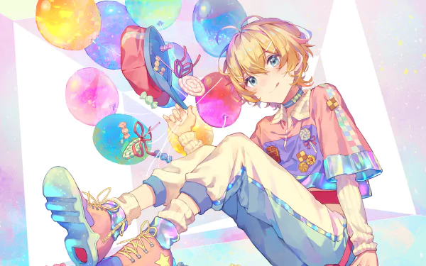Anime-style HD desktop wallpaper featuring a blonde, blue-eyed character wearing colorful sneakers surrounded by vibrant balloons in a bright, playful setting.
